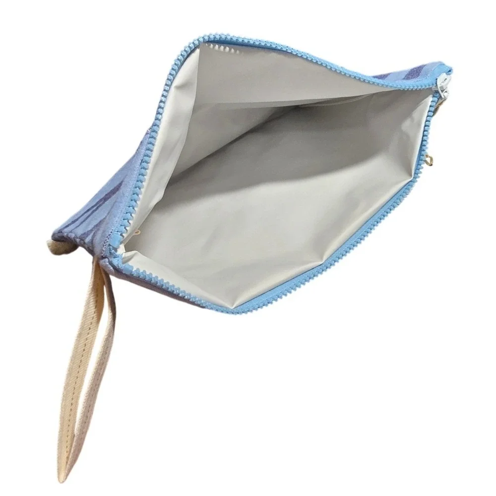AELIA ANNA Blue Stripe Pom Pom‎ Clutch Bag Wristlet Beach Travel Pouch wet dry